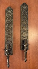 VTG Antique Gold over black Metal Candle Wall Sconces Hollywood Regency 21” picture
