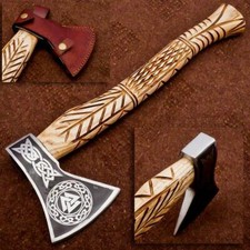 BEAUTIFULL CUSTOM HANDMADE 20'' LONG CARBON STEEL AXE WITH ACHING AND HANDCRAFT picture