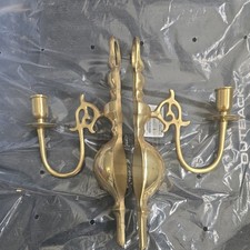 Pair Vintage Solid Brass Wall Candle Sconces Single Arm Colonial Candle Holders picture