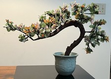 Vintage Chinese Jade Quartz Stone Glass Bonsai Tree Celadon Pot Curly Leaf Large picture