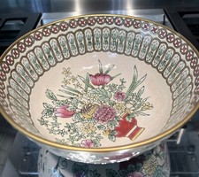 Vtg Chinese Lg Hand Painted Floral Design Decorative Bowl Heavy picture