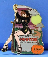 HOOTERS RESTAURANT COLLECTIBLE HAPPY HALLOWEEN GRIM REAPER WITCH GIRL LAPEL PIN picture