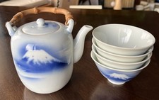 Rare Japanese Fukagawa Hand Painted Mount Fuji Teapot & 4 Cups Occupied Japan picture
