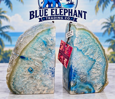 Brazilian Blue Agate Geode Bookends Pair Polished Quartz Crystal Dyed picture