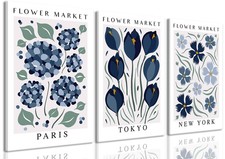 BingruiArt Flower Market Wall Art Navy Blue Canvas Set of 3 16x24 Framed picture