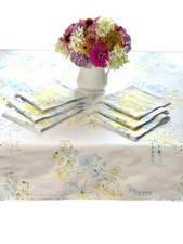 Vintage 1970s Vera Tablecloth & 6 Napkins Blue Yellow Green Floral Cotton 52x66  picture