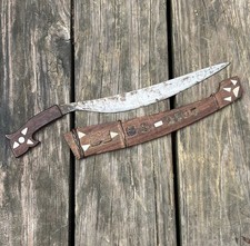 WWll Era Filipino Bolo Talibong Knife Sword Curved Blade Wooden Scabbard Inlaid picture