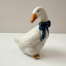 Vintage Ceramic Goose Figurine Blue Bow White Bisque Farmhouse Cottage Decor picture