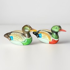 Vintage Hand Painted Ceramic Duck Figurines Pair Mallard Taiwan 4” Set Of 2 picture
