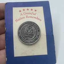 USA WWII 50th Anniversary Commemoration Lapel Pin Pewter Silver Tone Vintage picture