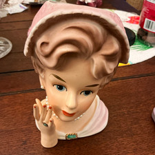 Relpo Vintage 1950s Ceramic Lady Head Vase Figurine Pink Hat Pearl Necklace picture