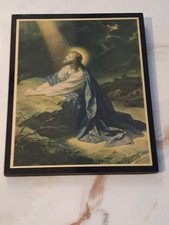Vintage Jesus Praying In The Garden of Gethsemane 4.25 X 5.25”  Print On wood picture