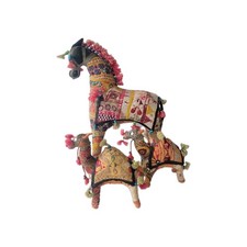 Vintage Indian Rajasthani Fabric Horse - Folk Art Mother And Babies INDIA ornate picture
