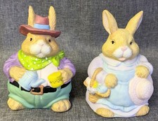 Vintage Easter Bunny Pair Gardening Figurines Ceramic Chubby Folk Art Rabbit Lot picture