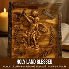 Holy Land Olive Wood St. Michael Archangel Wall Plaque, God Bless Our Home Hand picture