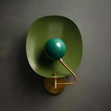 Mid-Century Modern Brass Wall Sconce Adjustable Green Enamel Shield with Opal picture