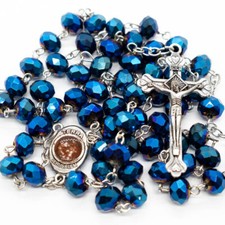 Deep Blue Crystal Beads Rosary Necklace Catholic Holy Center & Cross Crucifix picture