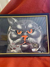 Vintage Framed Black Cat Face Cutout/Halloween/Part of Old Container  picture