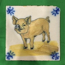 Vintage Portuguese Azulejo Tile Hand Painted Pig Figura Avulsa Portugal 5.5” picture