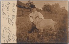 Vintage 1906 Real Photo RPPC Postcard FARM SCENE - Man in Bowler Hat with GOAT picture