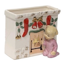 Vintage Napco Christmas Fireplace Baby Girl Planter Japan Ceramic 1950s MCM picture