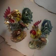 Vintage Hand Painted Ceramic Rooster Figurine Set Lot of 2 Mid Century Japan picture