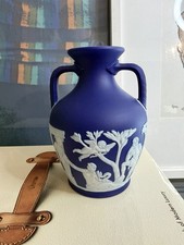 Vintage 6” Wedgwood Vase Jasperware Portland Cobalt Blue Double Handle England picture