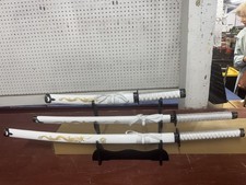 3 Pc Dragon Design Samurai Katana Swords Set with Stand (White) picture