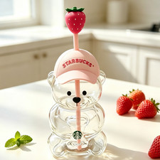 Starbucks 2026 Bearista Bear Glass Tumbler Strawberry Topper Baseball Cap New picture
