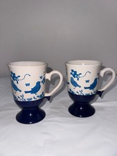 VTG 1970s Bluebird Pedestal Mugs Set of 2 Ceramic Dipped Design Kitchenware 8oz. picture