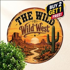 Western Desert Saguaro Cactus Canyon Sunset Horizon Round Metal Sign picture