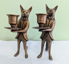 Vintage Brass Fox Butler Candle Holders Pair Anthropomorphic  Figural Statue  picture