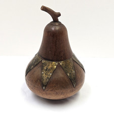 Vintage Hand Turned Wood Pear Tea Caddy Brass Accents Trinket Box picture