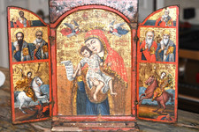 Vintage Hand-Painted Holy Icon Mother of God Russian-Greco Triptych, with Saints picture