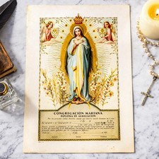 Beautiful Unused Catholic Marian Mary Antique Diploma Certificate Art Ephemeria picture