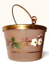 Antique Bristol Glass Bucket Open Salt Dish Cellar Brass Handle Enamel Floral picture