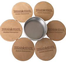 Texas State Alumni Association Leather Coaster Set W/ Tin Coasters San Marcos Tx picture