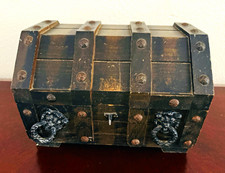 Vintage Made in Japan Gothic Wood Treasure Chest Jewelry Box Lion Heads picture