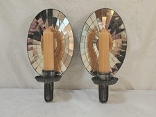 Vintage Colonial Revival Spider Web Mosaic Mirror Tole Candle Sconces Pair picture
