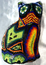 Vintage Huichol Beaded Cat Figurine Handmade Mexican Folk Art picture