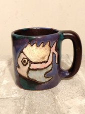 MARA Mexico Signed Fish and Sea Stoneware Coffee Cup Mug 16oz Folk Art Pottery  picture
