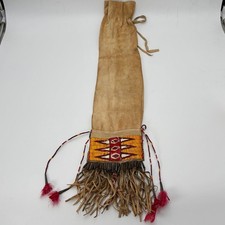 Handmade Dakota Buckskin Pipe Bag Vintage with Quillwork Fringe and Tin Cones picture