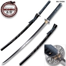 MOSHIRO Hand Forged Katana Sword 1045 High Carbon Steel Black Engraved Scabbard picture