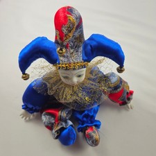 Porcelain Face Jester Clown Doll Blue Red Harlequin Decorative Figure Vintage 11 picture