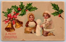 Christmas~Girl w/Muff Watches Boy Build Child Snowman~Bells & Holly~BW 296~1907 picture