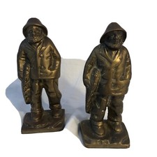 Antique Littco Cast Iron Fisherman Bookends Brass Finish 6.75