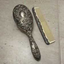 Vintage Antique Silver Plated Vanity Set Handheld Brush and Celluloid Comb EUC picture