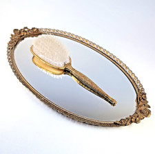 VTG 1950s Hair Brush & Oval Vanity Mirror Rose Gold Brass Ornate Floral Regency picture