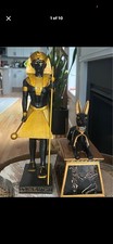 Large Egyptian Pharaoh & Anubis Statue Set Heavy Resin Black Gold Hieroglyphic D picture