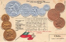 1905 CHILE EMBOSSED POSTCARD: NATIONAL FLAG & COINS, PESO OF CHILE picture